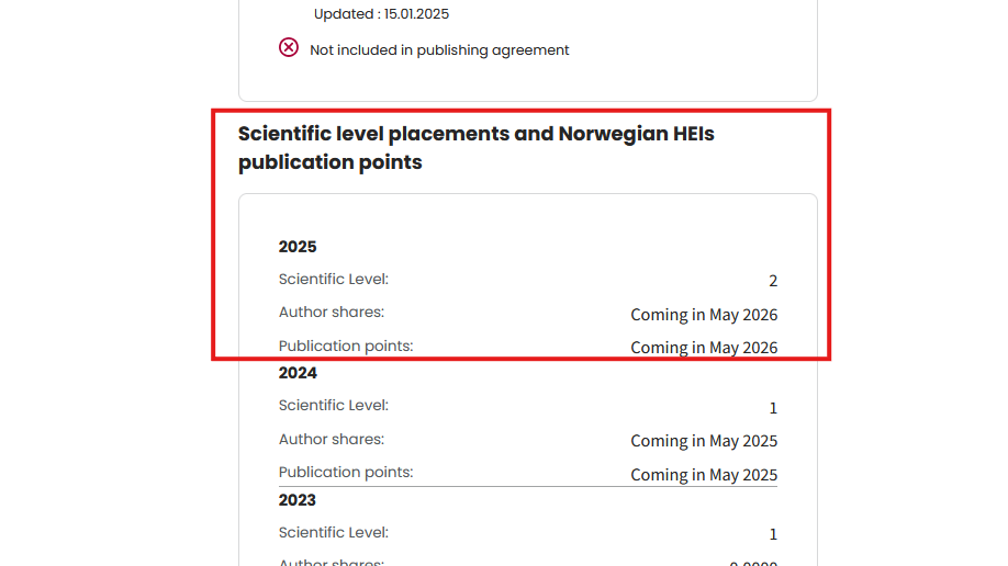 Picture showing information about a publication channel in the Norwegian Register.