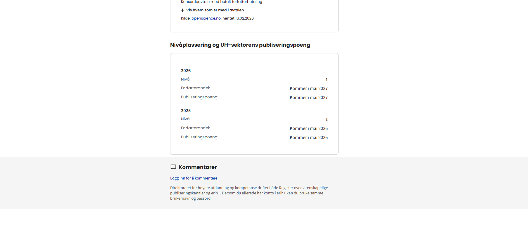 Bilde av tabell for Nivåplassering og UH-sektorens publiseringspoeng