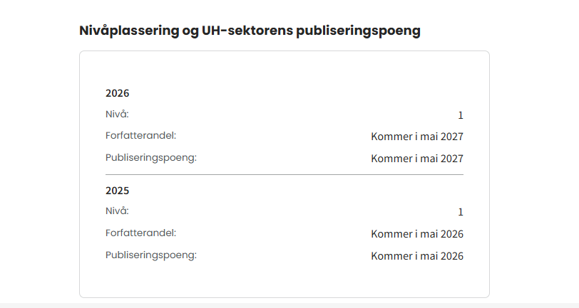 Bilde av tabell for Nivåplassering og UH-sektorens publiseringspoeng