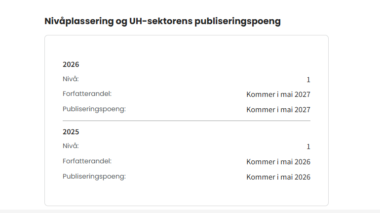 Bilde av tabell for Nivåplassering og UH-sektorens publiseringspoeng
