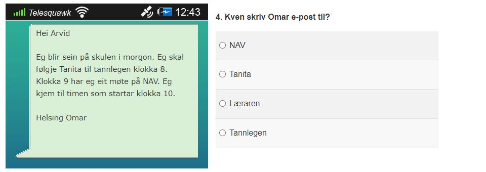 Bilde som illustrerer hvordan en eksempeloppgave i leseprøven kan se ut. Personer med synshemming vil få en alternativ prøve uten bilder.