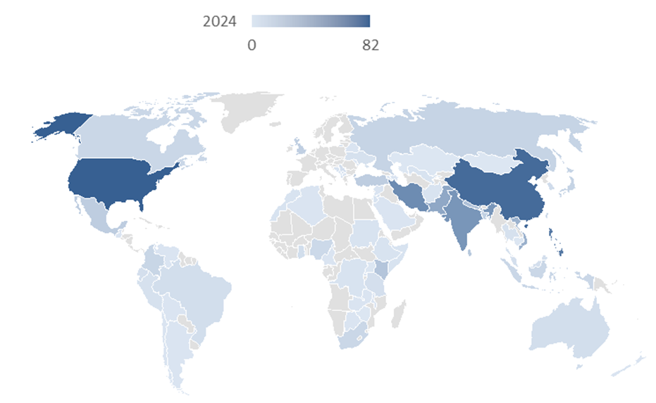 Kart over verden som viser hvor i verden flest betalingsstudenter kommer fra. Mange kommer fra Asia og USA