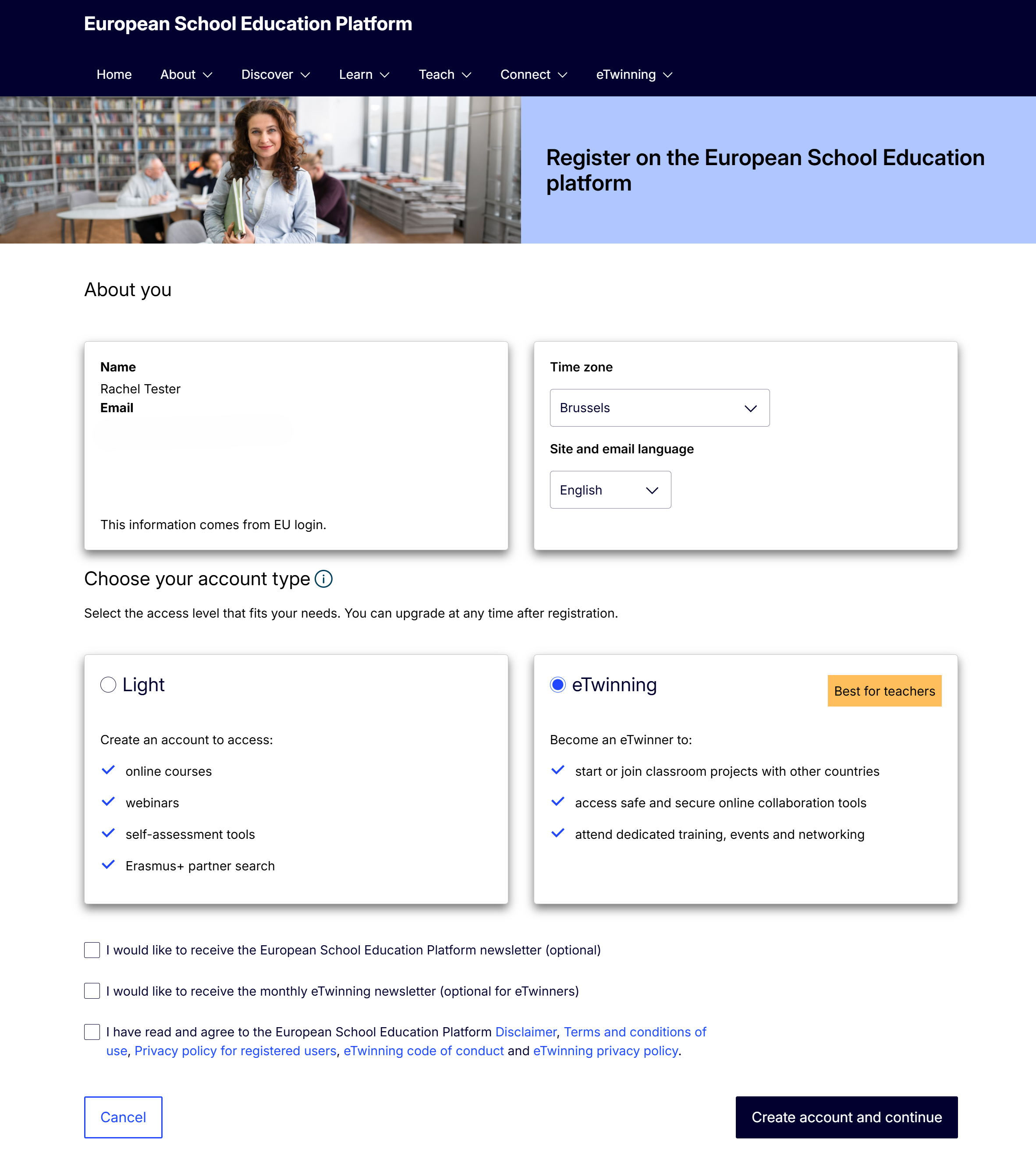 Skjermbilde av registreringsskjema ESEP/eTwinning