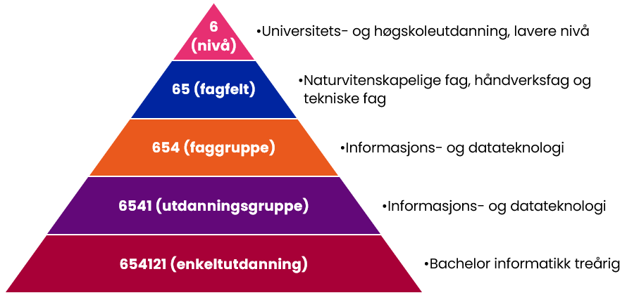 Hierarkiet i en NUS-klassifisering, med koden 654121 Bachelor informatikk treårig brukt som eksempel.