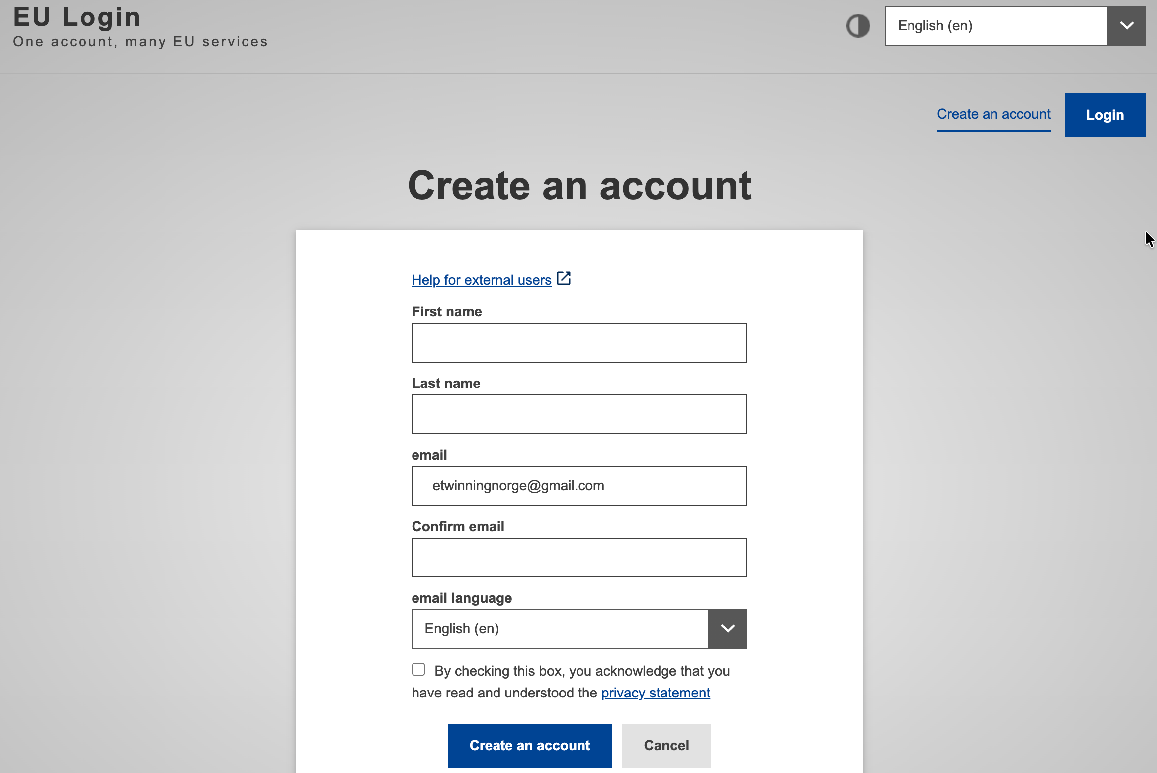 Skjermbilde av Create an account