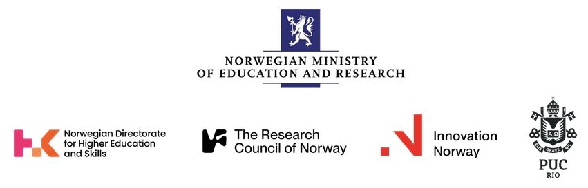 Logos from the ions arranging the seminar: Norwegian MInistry of Education and Research, Norwegian Directorate for Higher Education and Skills, THe Research Council Norway, Innovation Norway and the Brazilian University PUC-Rio