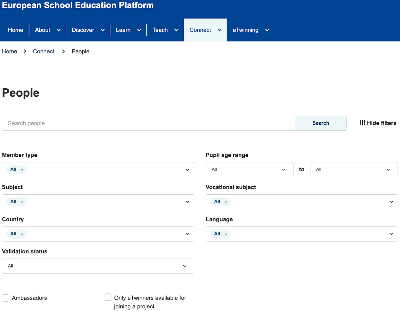 Skjermbilde av søk etter personer på ESEP