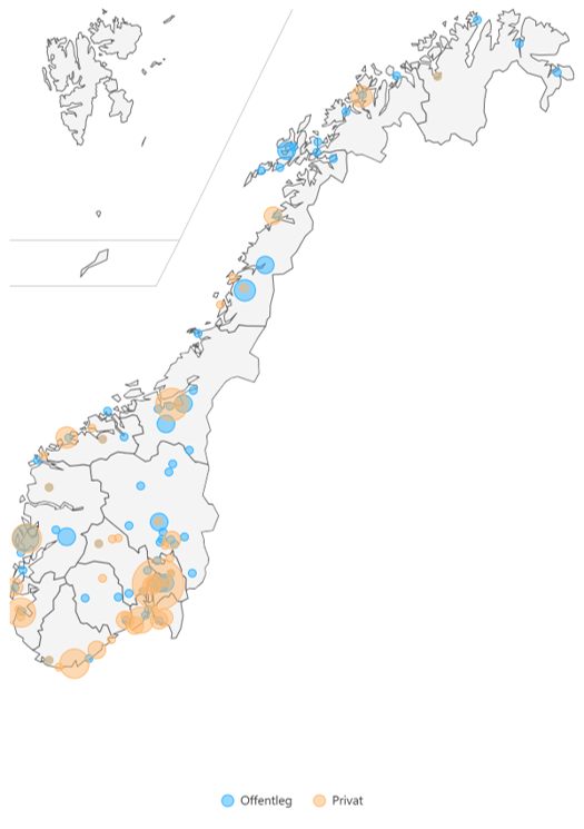 Oversiktskart som viser geografisk plassering av studiestader ved offentlege og private fagskular