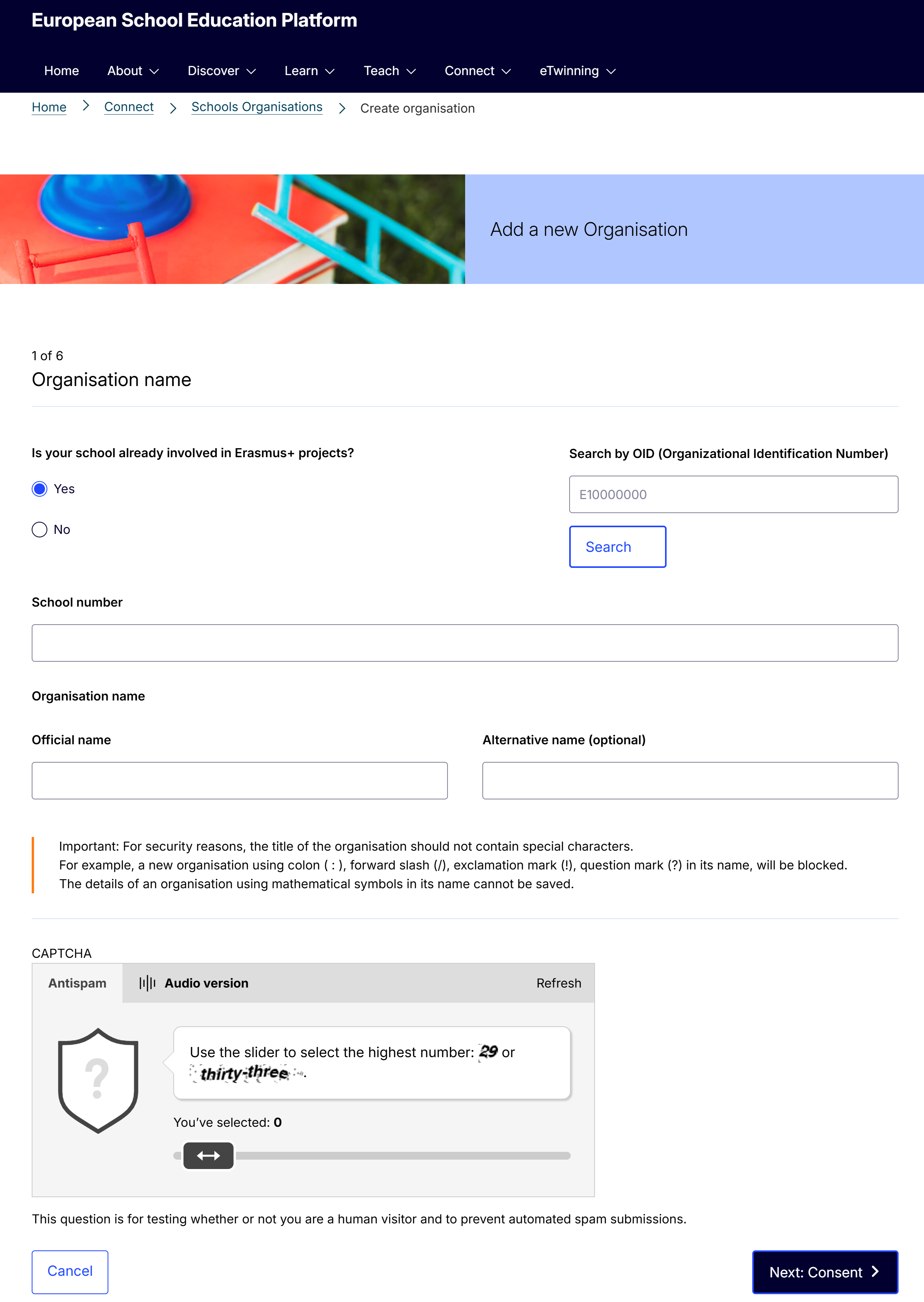 Skjermbilde av registrering av ny organisasjon