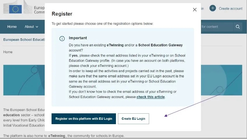 Skjermbilde av registrering på European School Education Platform