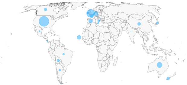 Illustrasjon som viser land med elever på utenlandsopphold