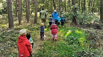 mange barnehagebarn på vei inn i skogen