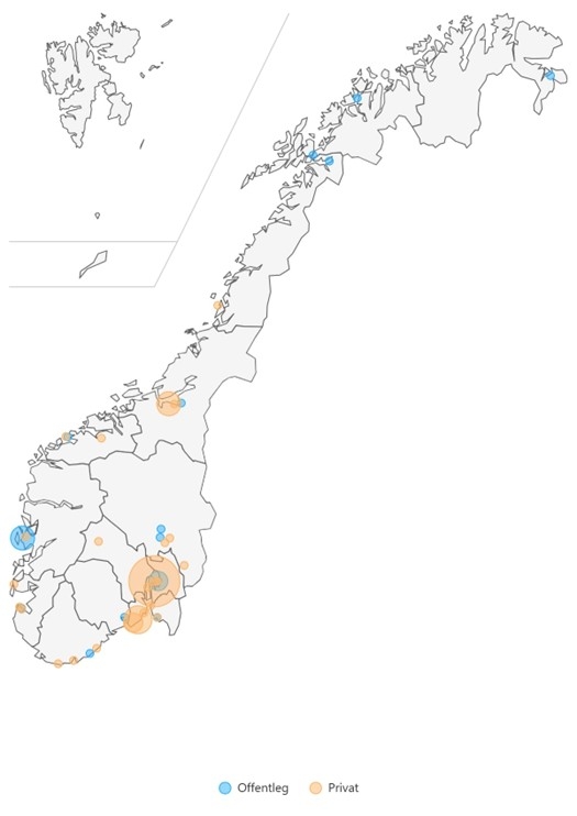 A map of norway with different colored circles - AI-generated content may be incorrect.