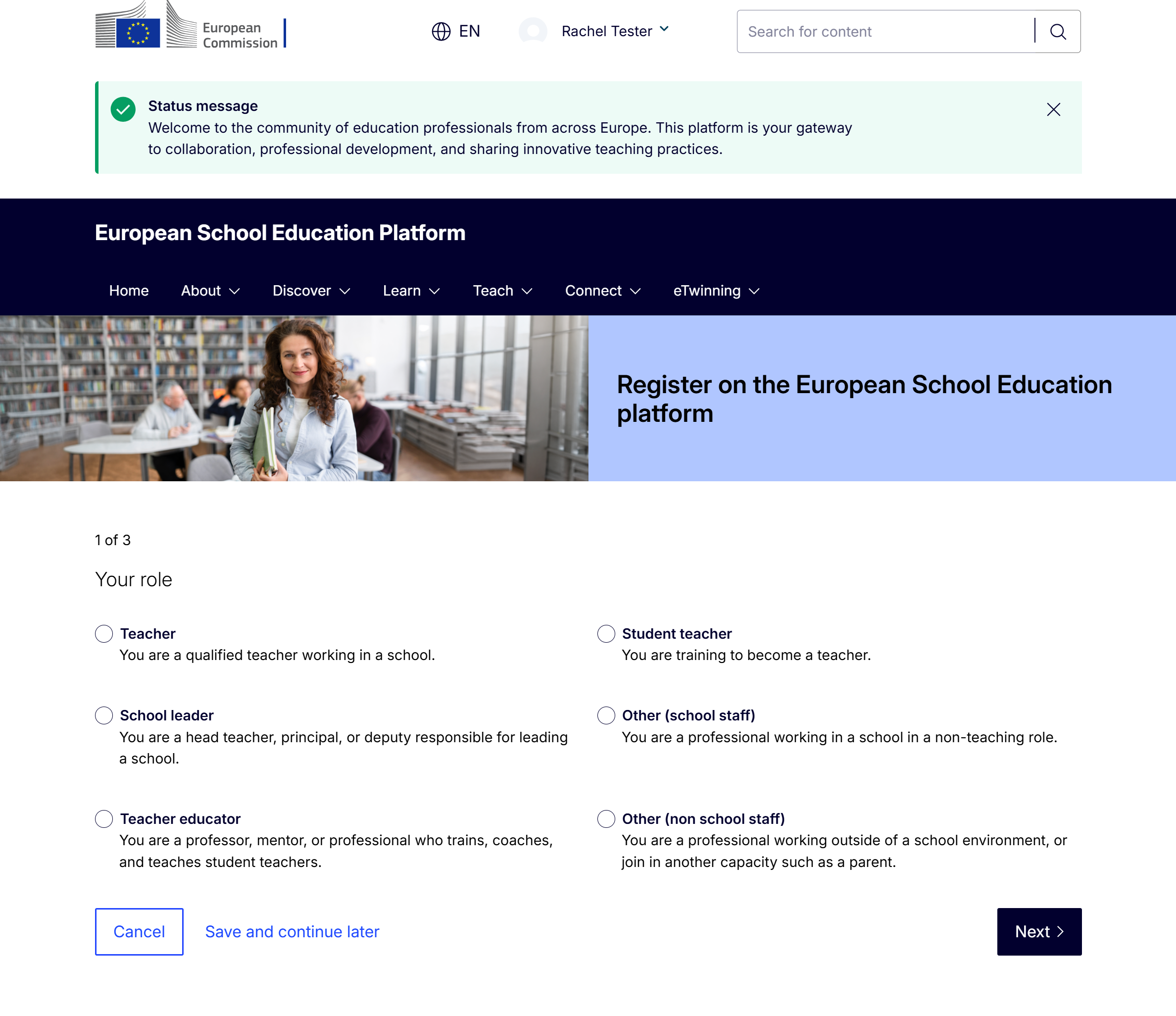Skjermbilde av valg av rolle i eTwinning