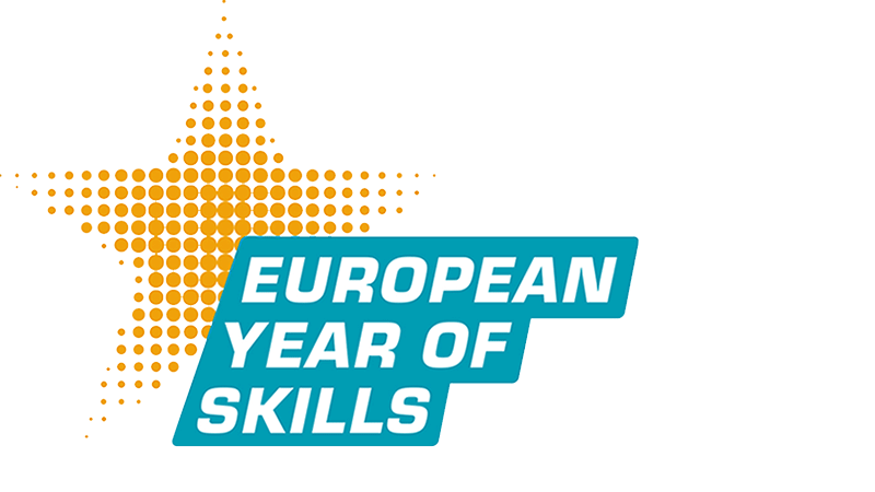 Prikkete, gul, femkantet stjerne på hvit bakgrunn. Delvis over stjernen står det European year of skills med hvit skrift på blå-grønn bakgrunn.