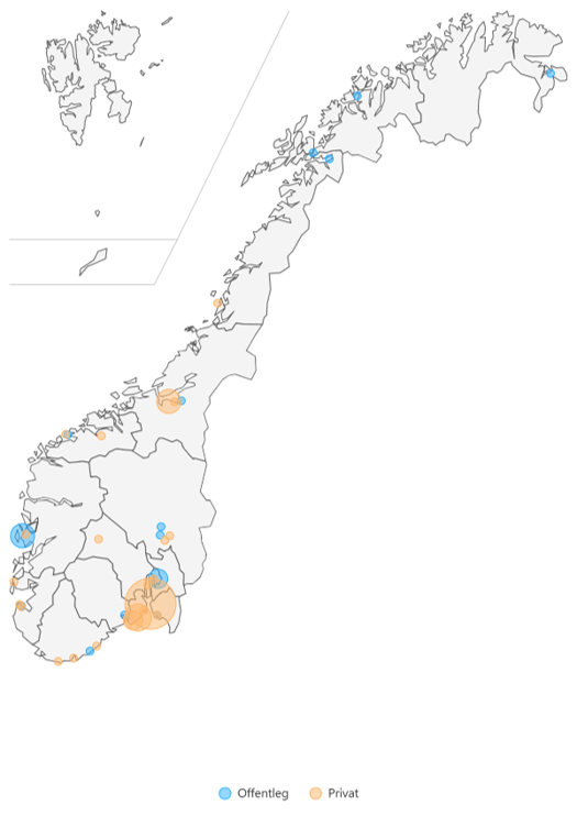 Oversiktskart som viser geografisk plassering av offentlege og private fagskular, 2025