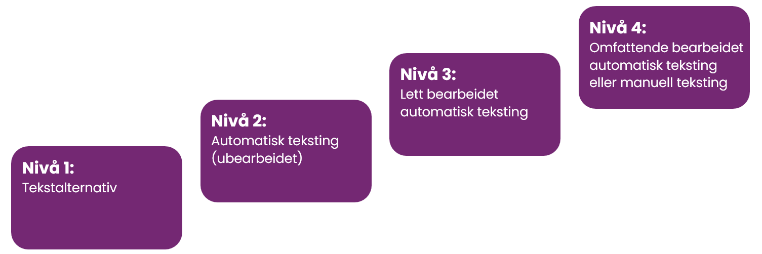 Fire nivå for teksting av video. Nivåene er beskrevet i teksten under.