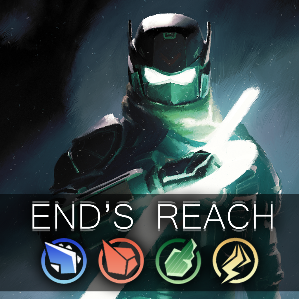 Promotional artwork for End's Reach depicting the main character holding a glowing sword, overlayed by the game title and 4 elemental icons.