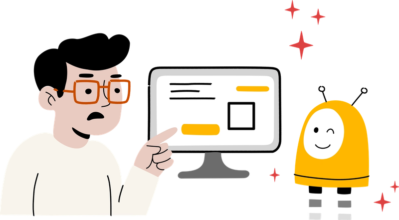 Illustrasjon av mann som snakker med en robot foran en skjerm.