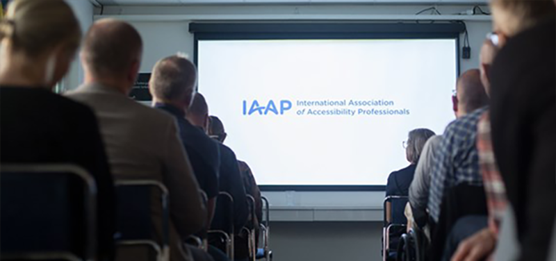Mennesker sitter i et lokale, logoen til IAAP på et lerret foran