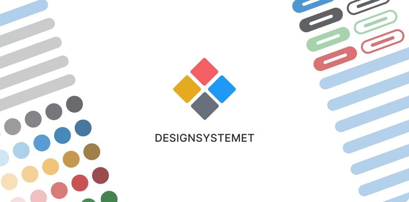 Logoen til Designsystemet med collage av fargepalett og elementer
