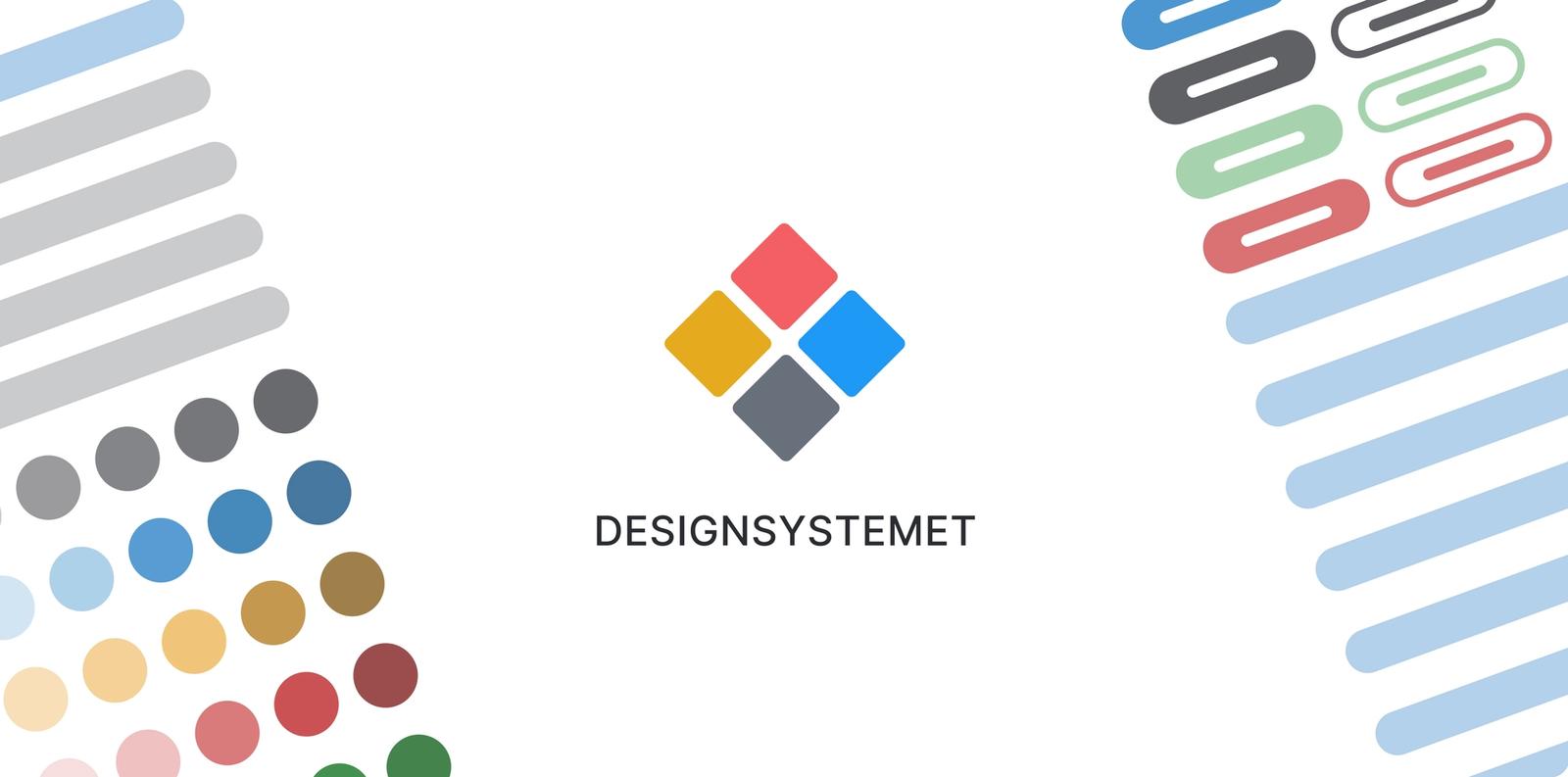 Logoen til Designsystemet med collage av fargepalett og elementer