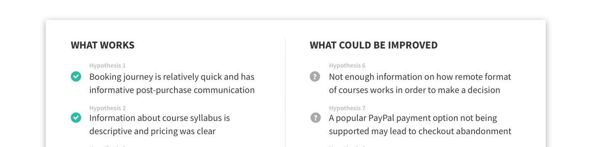 Skjermdump av punkter for hva som virker og hva som kan forbedres