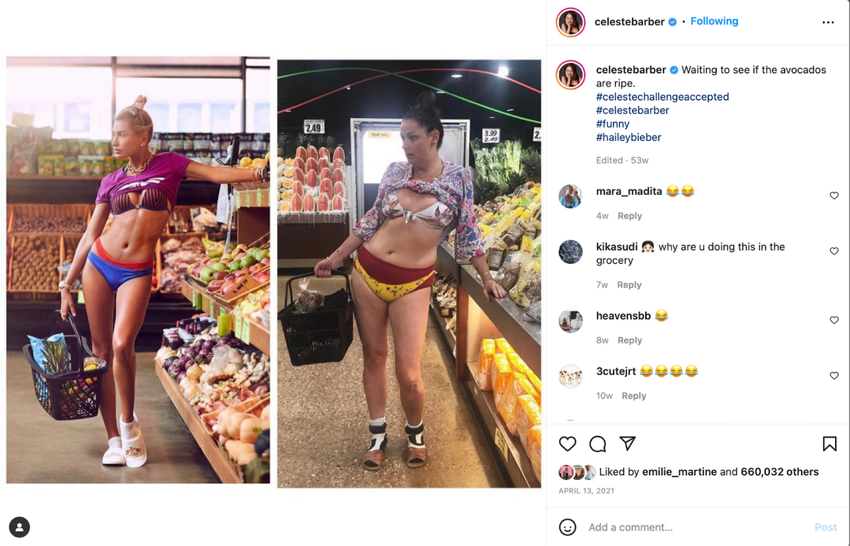 Bilder av to damer i bikini på matbutikken, Celeste Barber prøver å posere som Hailey Bieber.