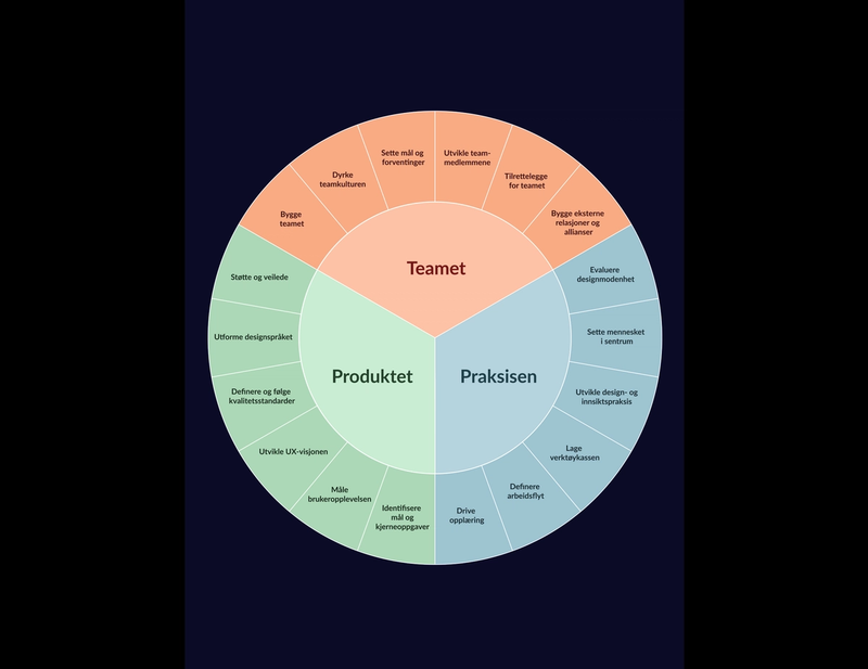 En sirkel delt inn i Teamet, Produktet, Praksisen med seks inndelinger hver.