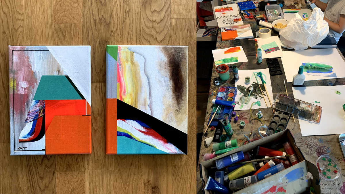 Abstrakt kunst på lerret og malesaker ved siden av.