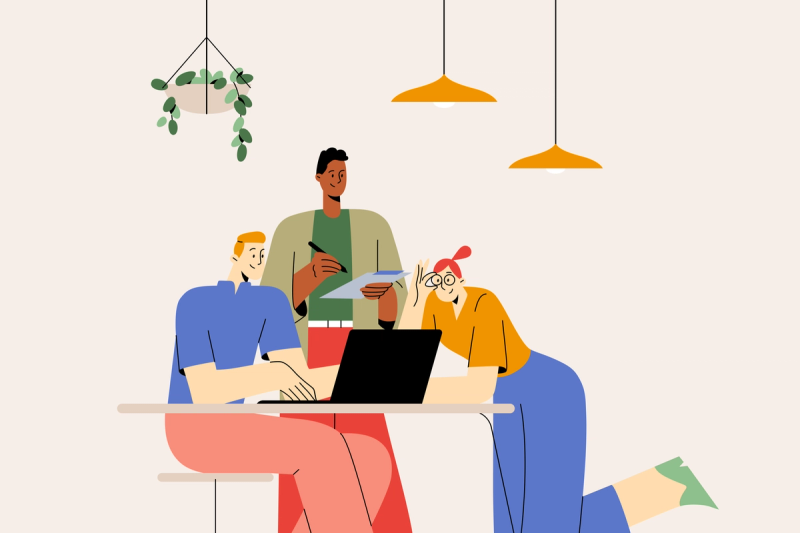 Illustrasjon av tre mennesker rundt et bord med en laptop på.