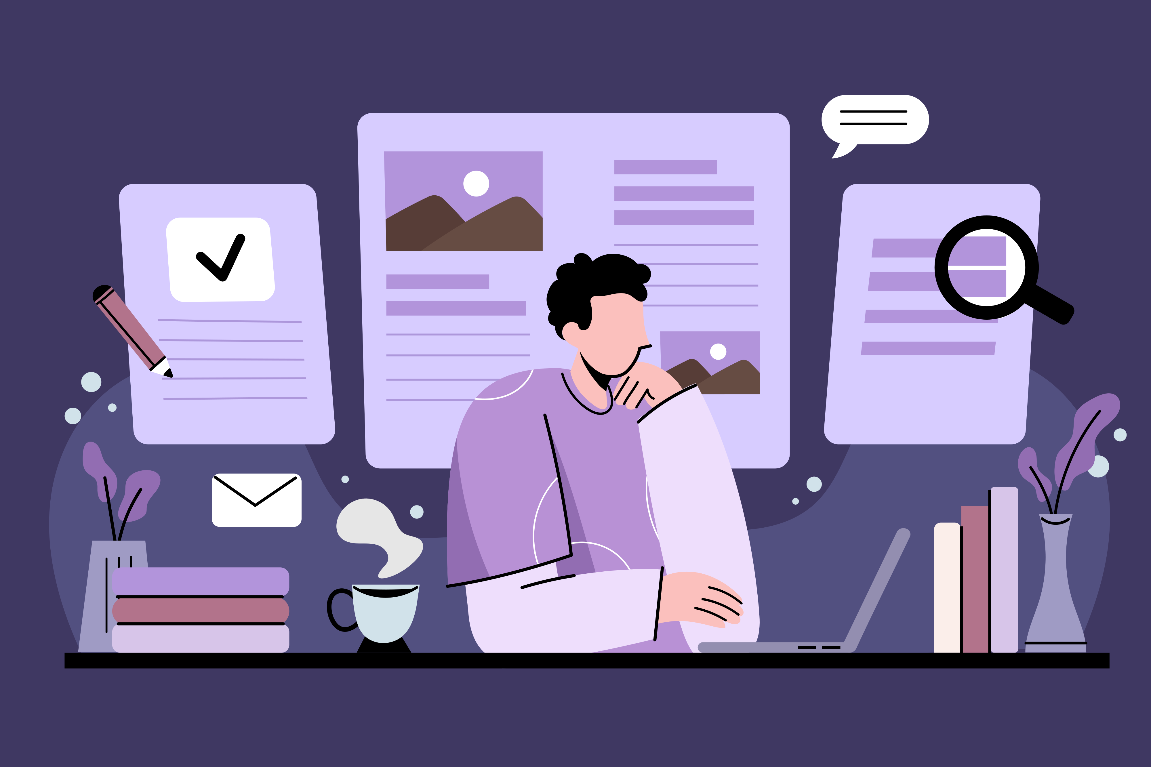 Illustrasjon av person som sitter ved skrivebord med bøker rundt seg og tekstillustrasjoner i bakgrunnen.