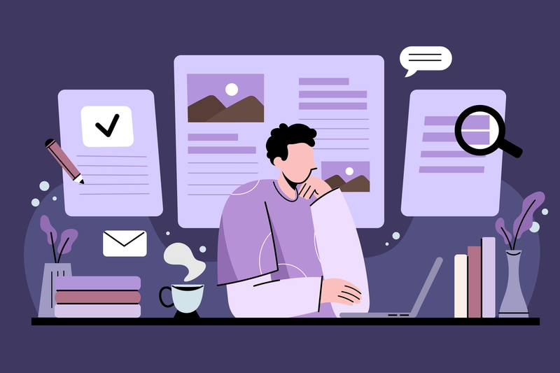 Illustrasjon av person som sitter ved skrivebord med bøker rundt seg og tekstillustrasjoner i bakgrunnen.