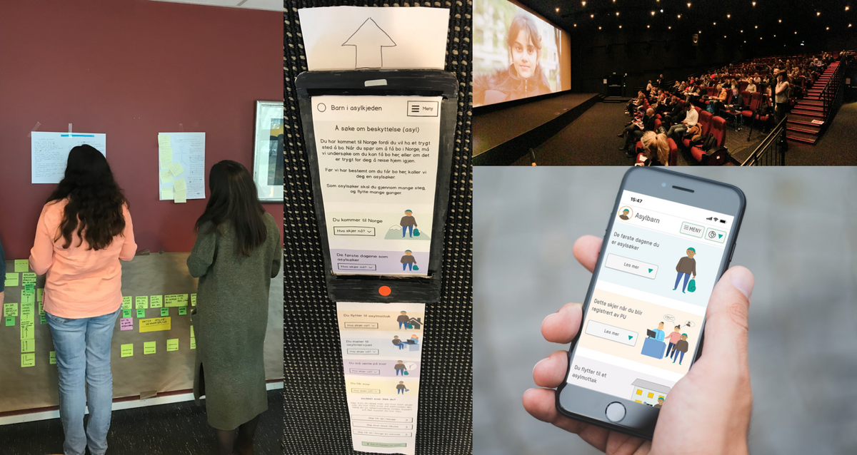 Designprosess for asylbarn.no, med workshop og en fysisk prototype utviklet for å teste med barn i målgruppen 12 år. Resultatet ble presentert på en konferanse i regi av UDI.