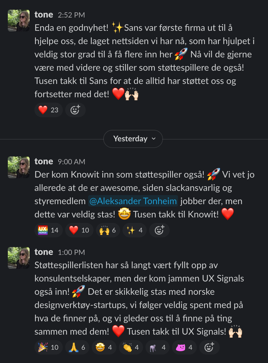 Skjermbilde fra Slack, hvor det deles gladnyheter om støttespillere