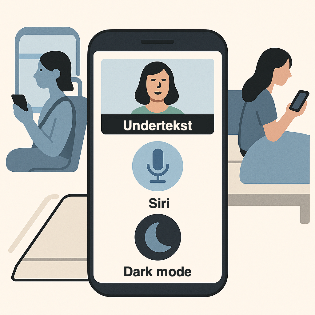 Illustrasjon av en mobiltelefon som viser tre funksjoner: undertekst, Siri og dark mode. I bakgrunnen sitter en person på bussen og en annen i sengen med mobilen.