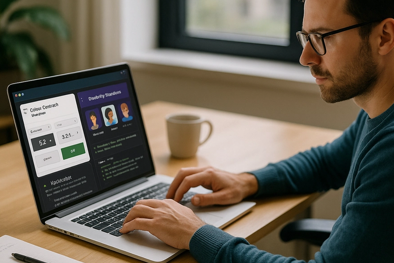 Bilde generert med ChatGPT/AI. Bildet viser en person foran en laptop-skjerm som viser en color contrast checker.