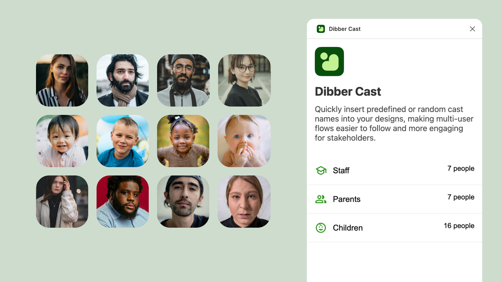 Skjermdump av bilder av mennesker og en åpen Figma-plugin