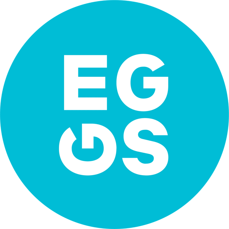 Logo av Eggs Design, hvit og turkis