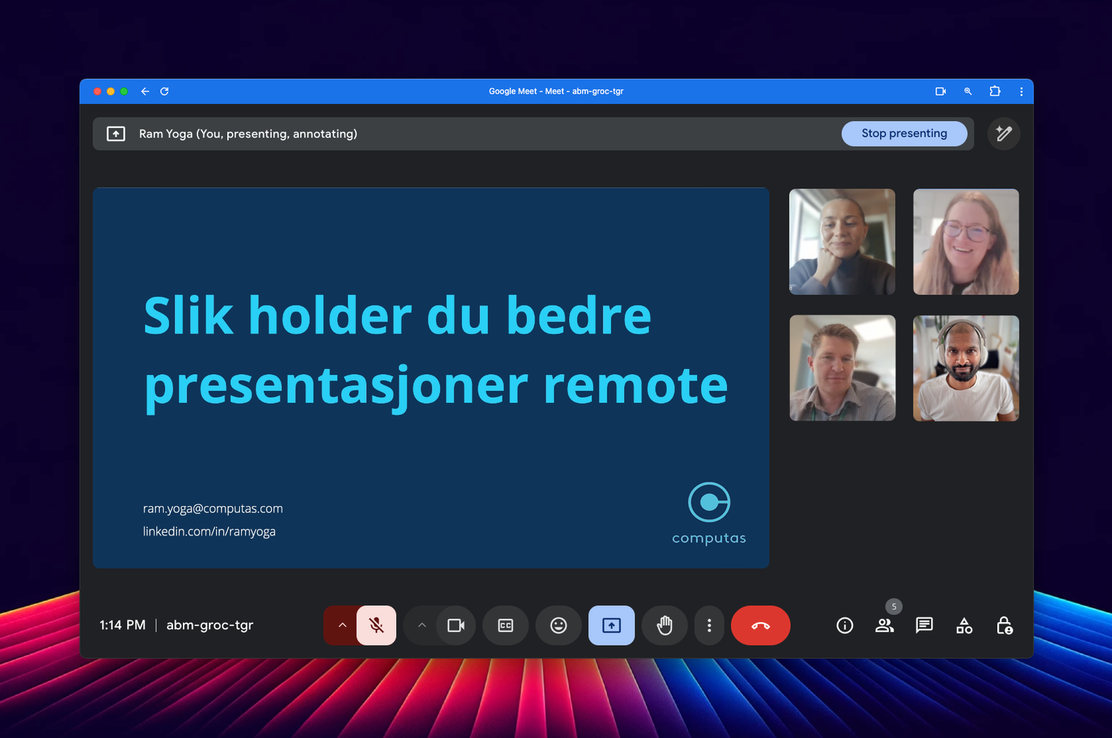 Skjermdump av presentasjon om å holde bedre presentasjoner remote og bilder av de som er med i videomøtet.