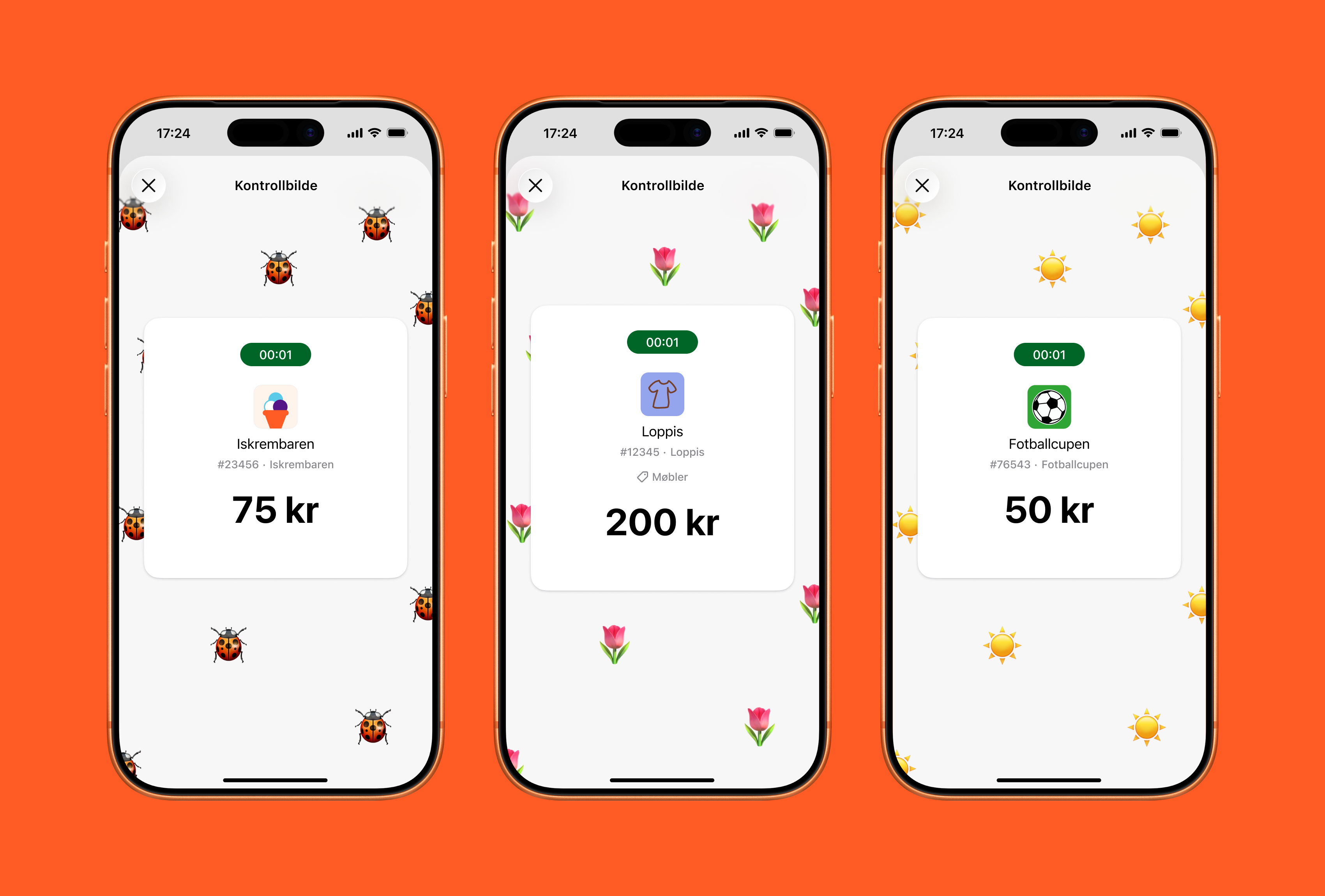 Tre mobilskjermer som viser Vipps-grensesnittet med emoji som bekrefter salg.