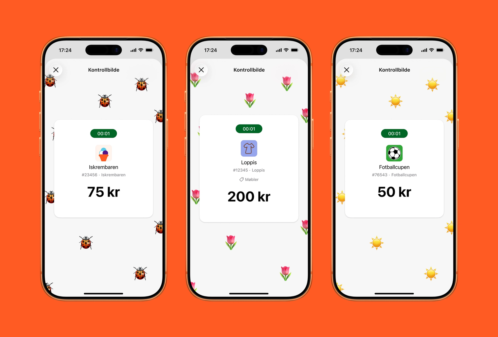 Tre mobilskjermer som viser Vipps-grensesnittet med emoji som bekrefter salg.