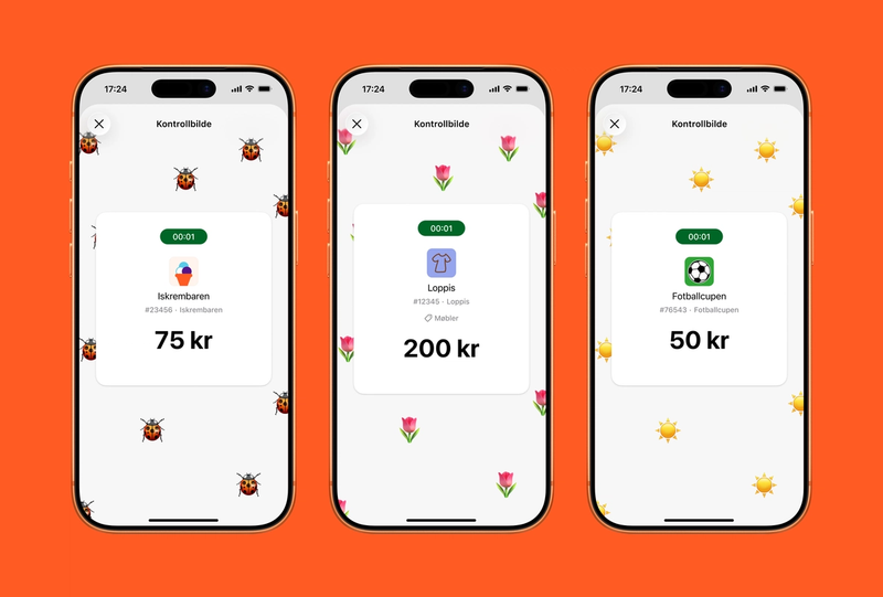 Tre mobilskjermer som viser Vipps-grensesnittet med emoji som bekrefter salg.