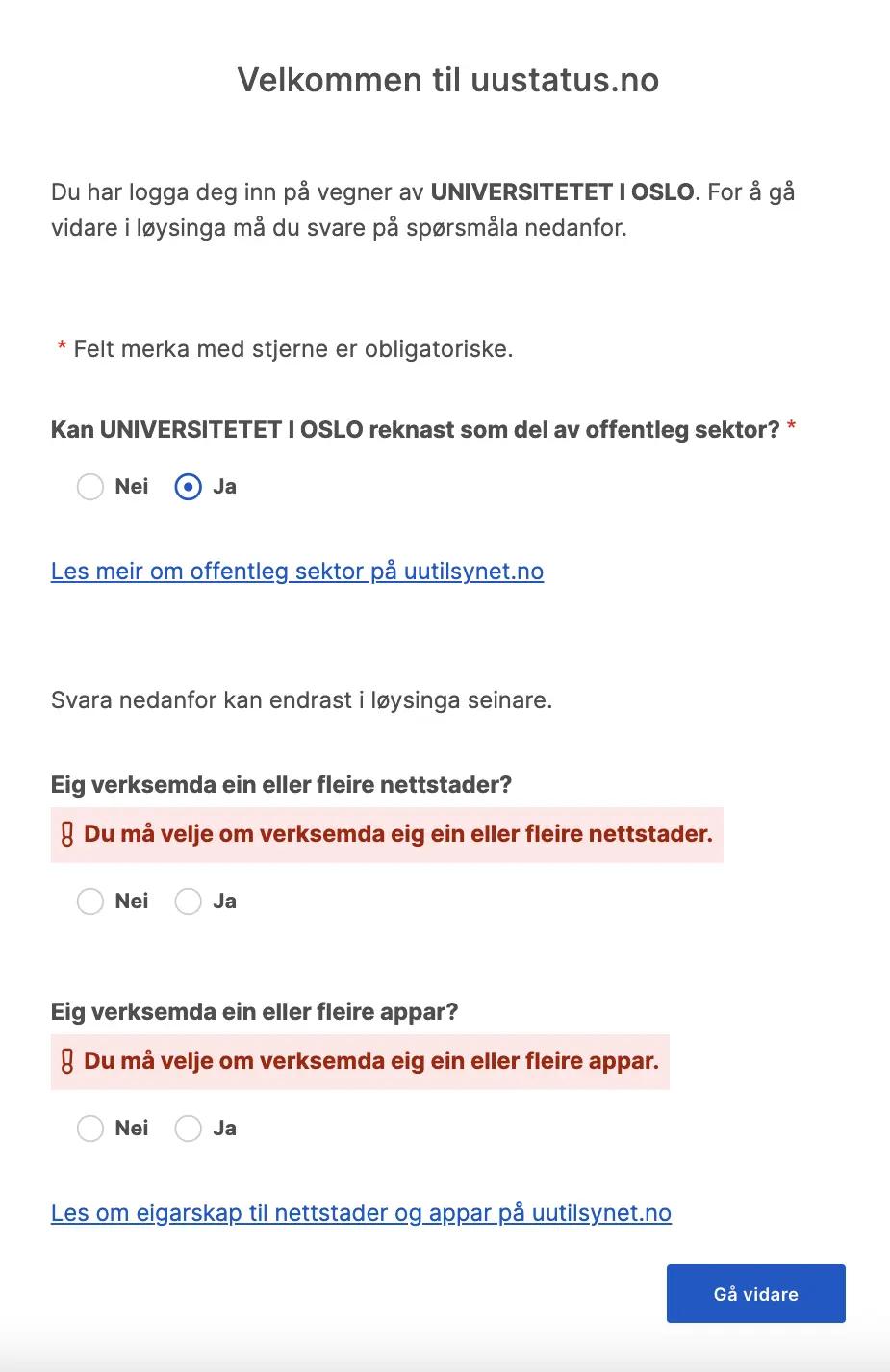Skjermbilde fra skjemautfylling som viser at ikke alle obligatoriske felter er korrekt markert.
