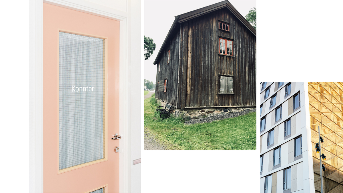 Bilde av en dør det står Konntor på, et gammelt hus og et kontorbygg.