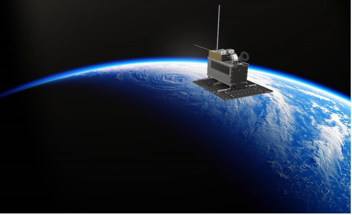 Satelitt i verdensrommet, jorden i bakgrunnen.