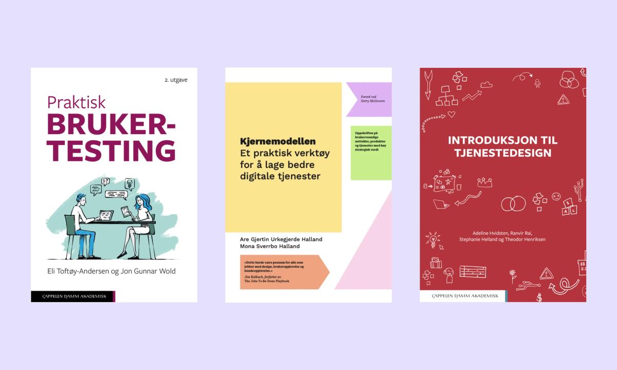 Omslag for bøkene "Praktisk brukeresting, "Kjernemodellen" og "Introduksjon til tjenestedesign"