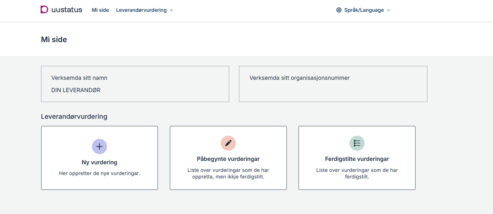 Skjermdump av forside på løsningen for leverandørvurdering.
