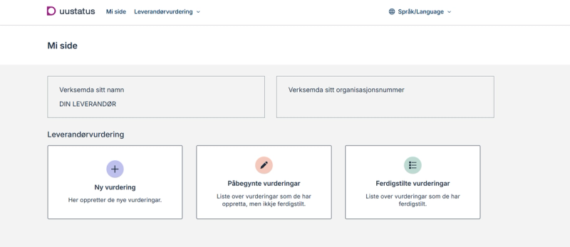 Skjermdump av forside på løsningen for leverandørvurdering.
