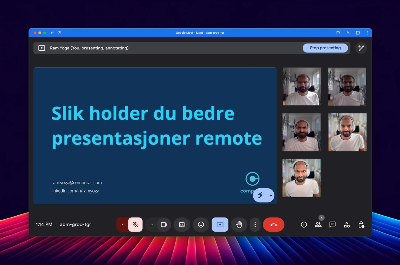 Skjermdump av presentasjon om å holde bedre presentasjoner remote og bilder av de som er med i videomøtet.